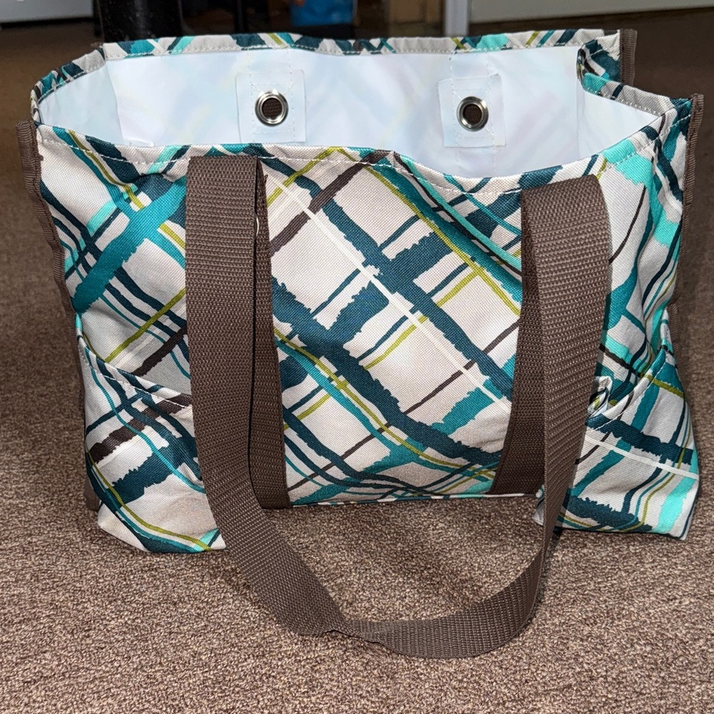 Thirty One Blue/Brown Plaid Canvas Utility Tote Bag with Brown Straps
